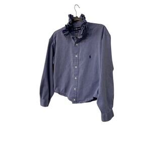 Ralph Lauren Yarmouth BLUE Ruffled Collar BUTTON DOWN SHIRT SZ L/XL